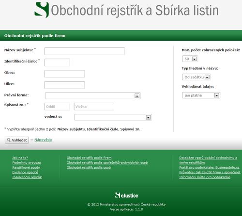 Торговый реестр Чехии предлагает также детальный поиск среди фирм, зарегистрированных в Чехии 