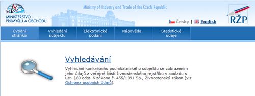 Первая страница Реестра предпринимателей в Чехии